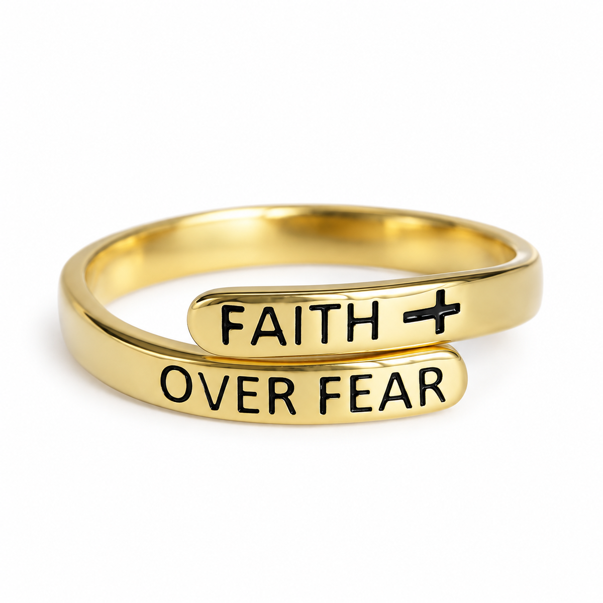 Faith Over Fear ring in gold tone on a white background