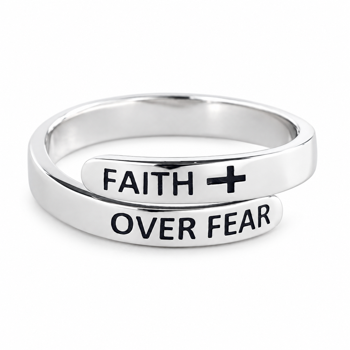 Faith Over Fear ring in silver tone on a white background